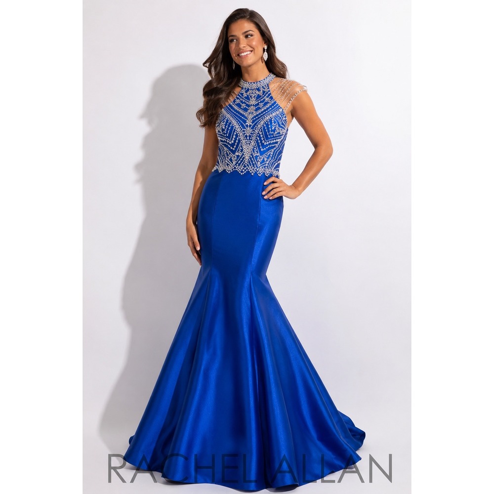Rachel Allan Royal Blue Satin Mermaid Gown Gold Rhinestone Halter homecoming
